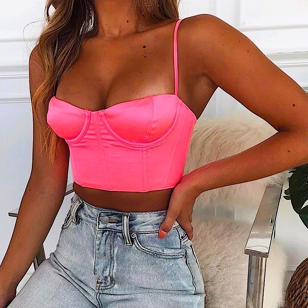 Neon pink spaghetti strap crop top